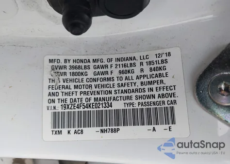 2019 Honda Insight Ex z USA, uszkodzony, nr VIN 19XZE4F54KE021334